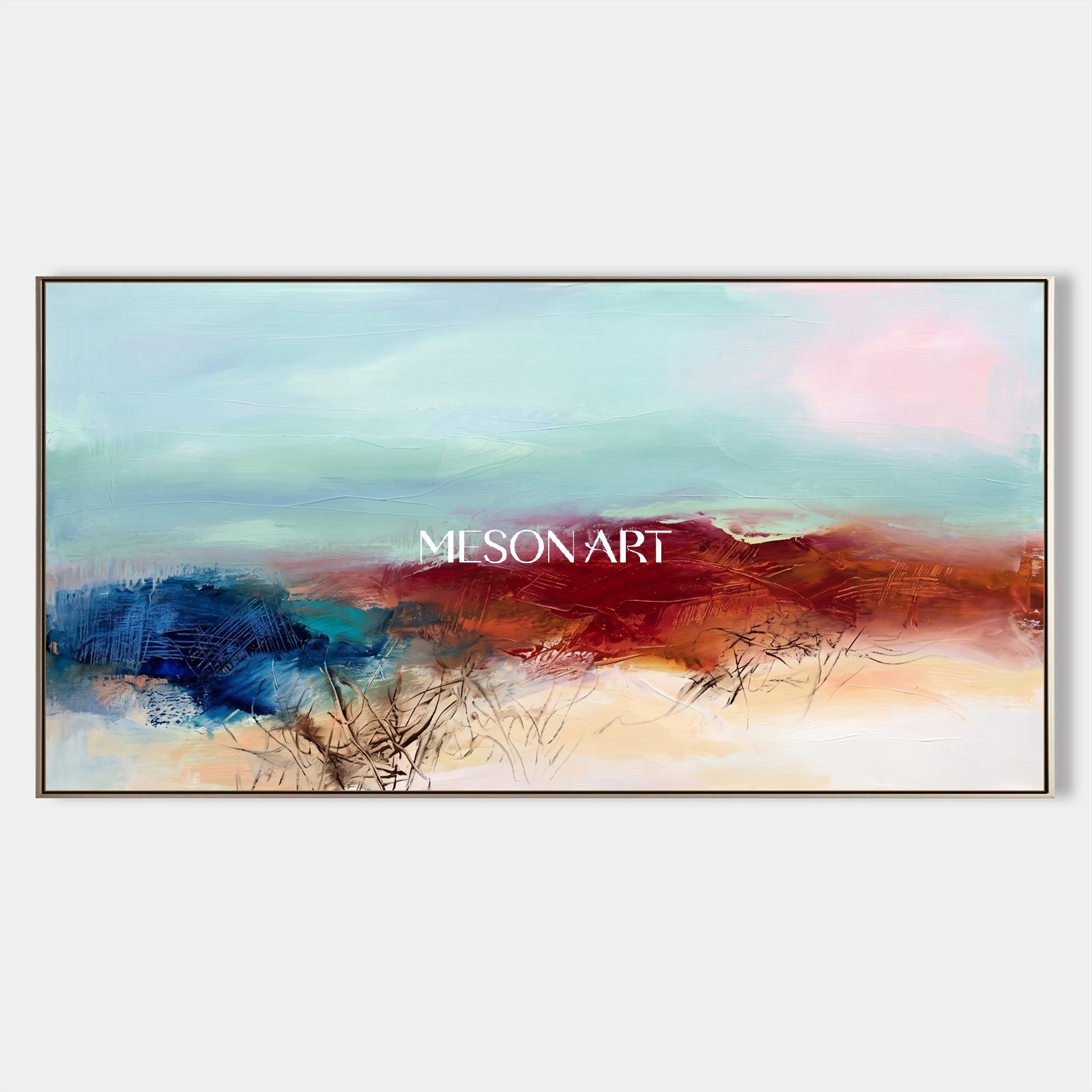 Blue And Brown Abstract Landscape Painting Panoramic Modern Textured Art Original Artist By Mesonart