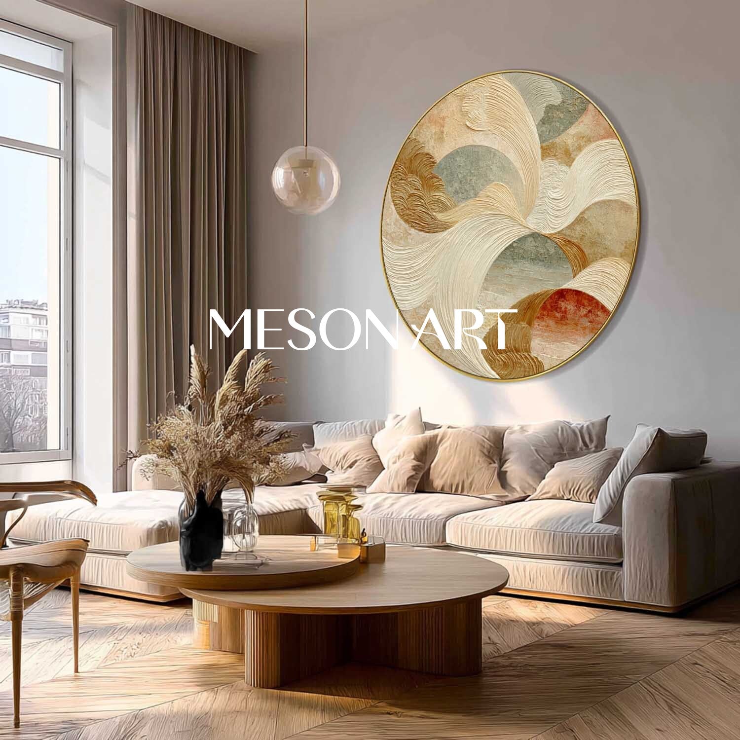 Modern Abstract Round Wall Art – Beige, Gold & Terracotta Textured Canvas