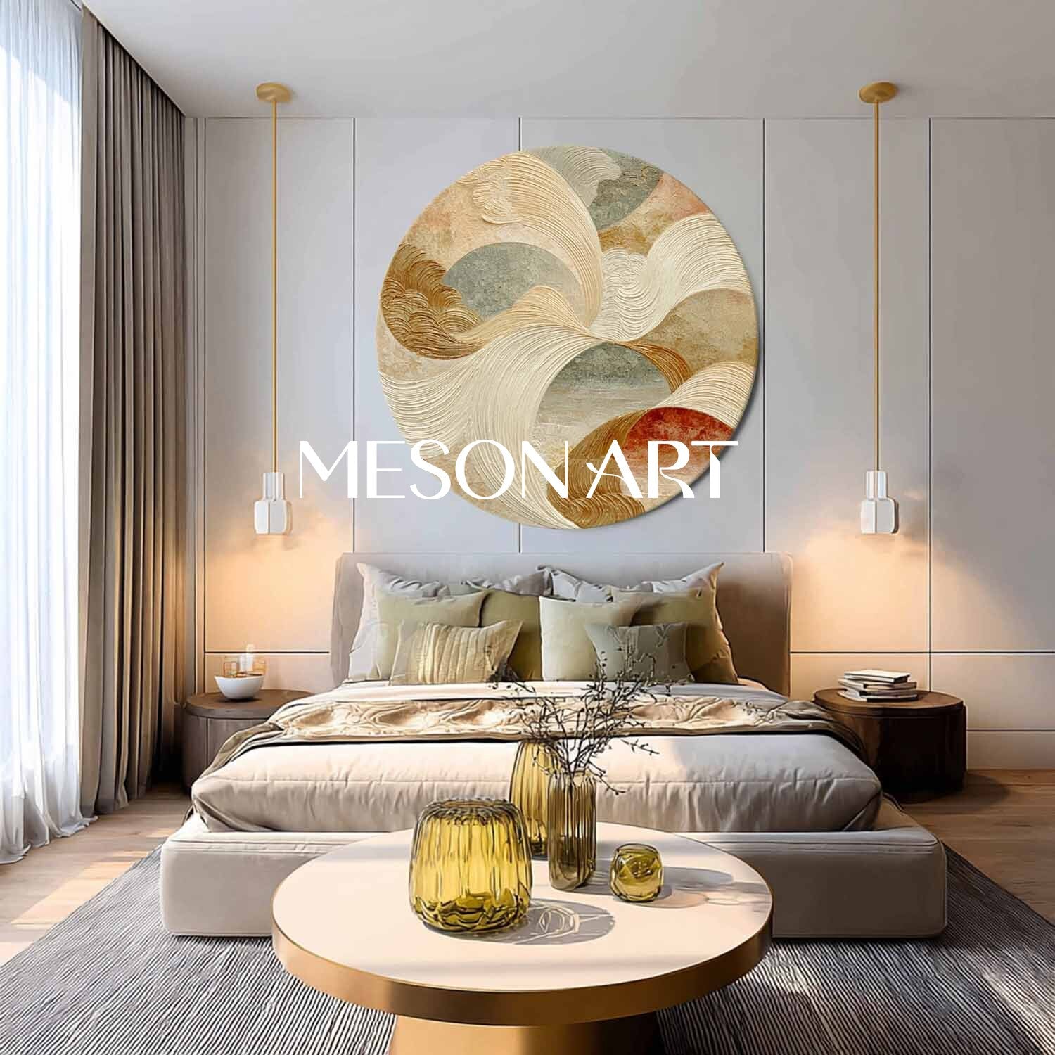 Modern Abstract Round Wall Art – Beige, Gold & Terracotta Textured Canvas