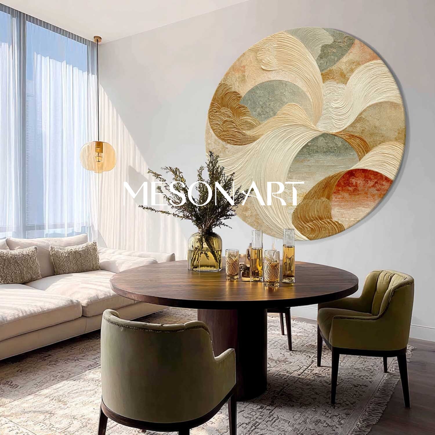 Modern Abstract Round Wall Art – Beige, Gold & Terracotta Textured Canvas