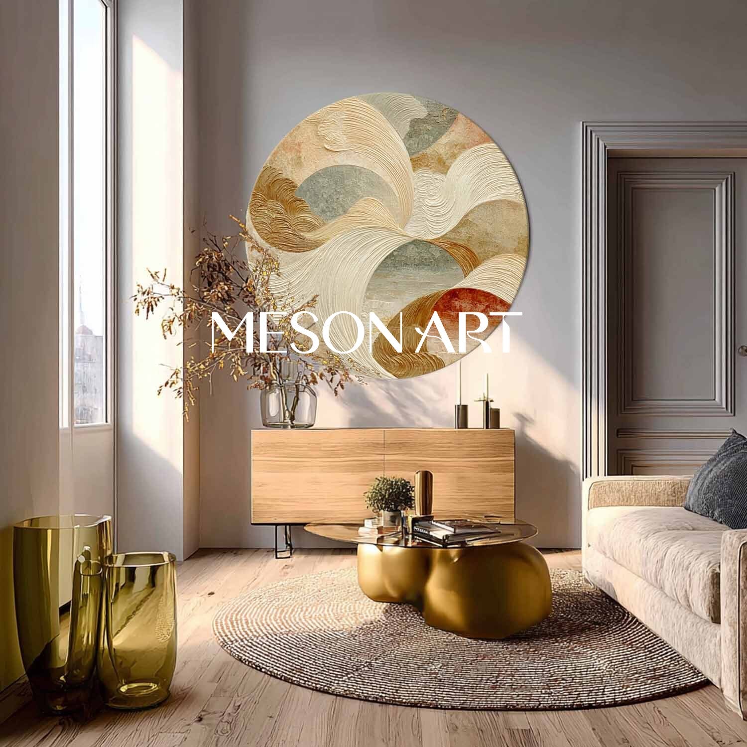 Modern Abstract Round Wall Art – Beige, Gold & Terracotta Textured Canvas