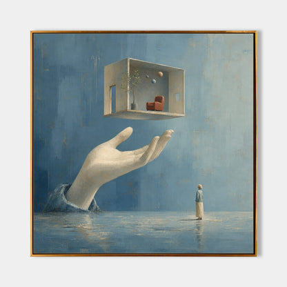 Surrealist Abstract Painting With Giant Hand And Floating Room In Blue Beige Tones