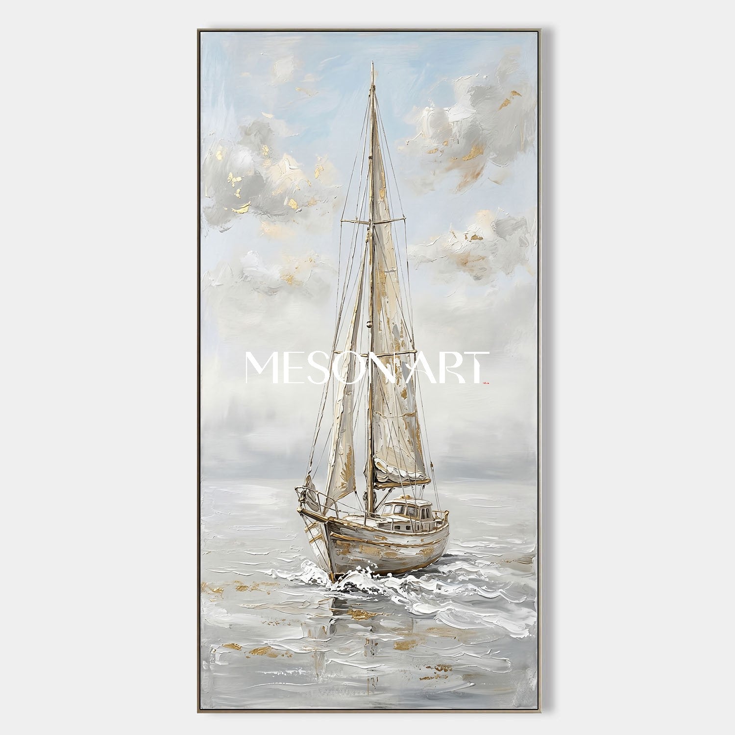 Minimalist Nautical Art Print Of Solitary Sailboat On Misty Sea For Modern Entryway Wall Decoration