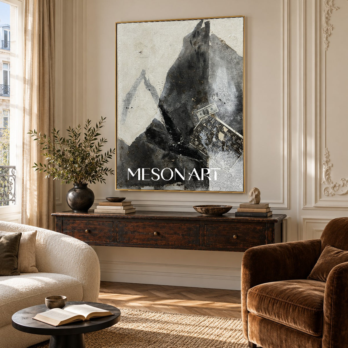 Black And White Abstract Art Original Artist Hand Painted Mixed Media Textured Painting Rectangular Wall Art For Living Room By Mesonart