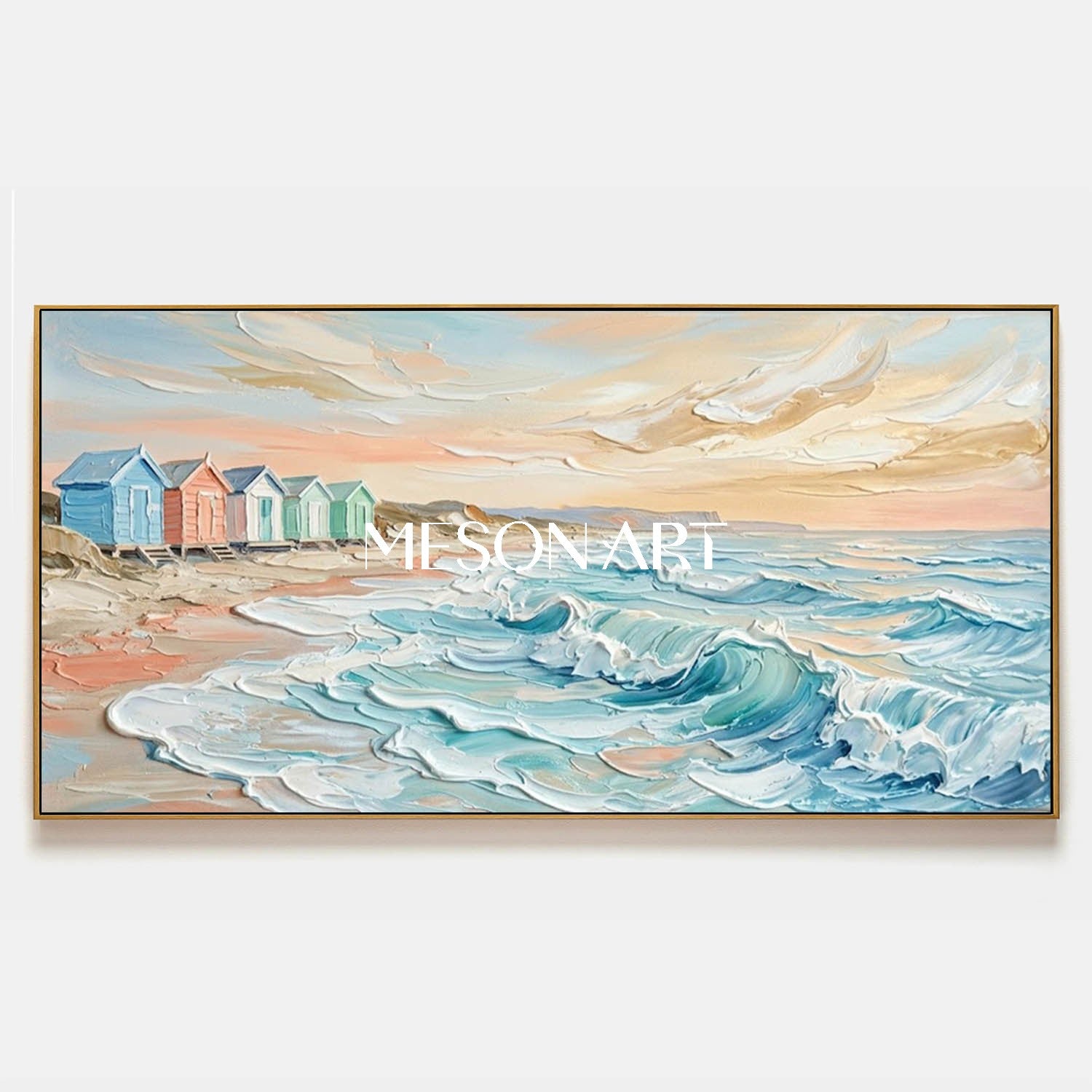 Dreamy Pastel Beach Cottages Seascape Oil Painting For Coastal Living Room Decor