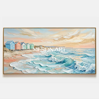 Dreamy Pastel Beach Cottages Seascape Oil Painting For Coastal Living Room Decor