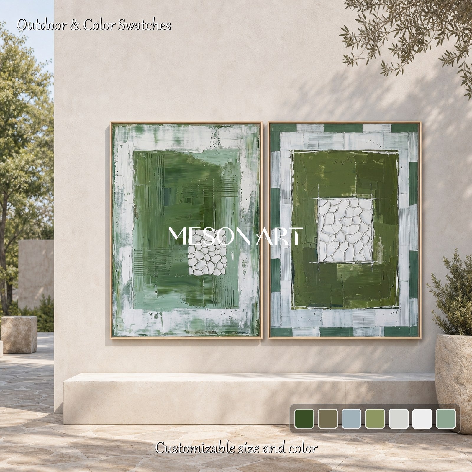 Green And White Minimalist Abstract Art Diptych For Modern Home Decor
