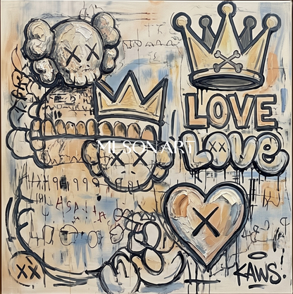 Urban Pop Art Graffiti Painting With Crown And Heart Motifs For Modern Living Room Decor