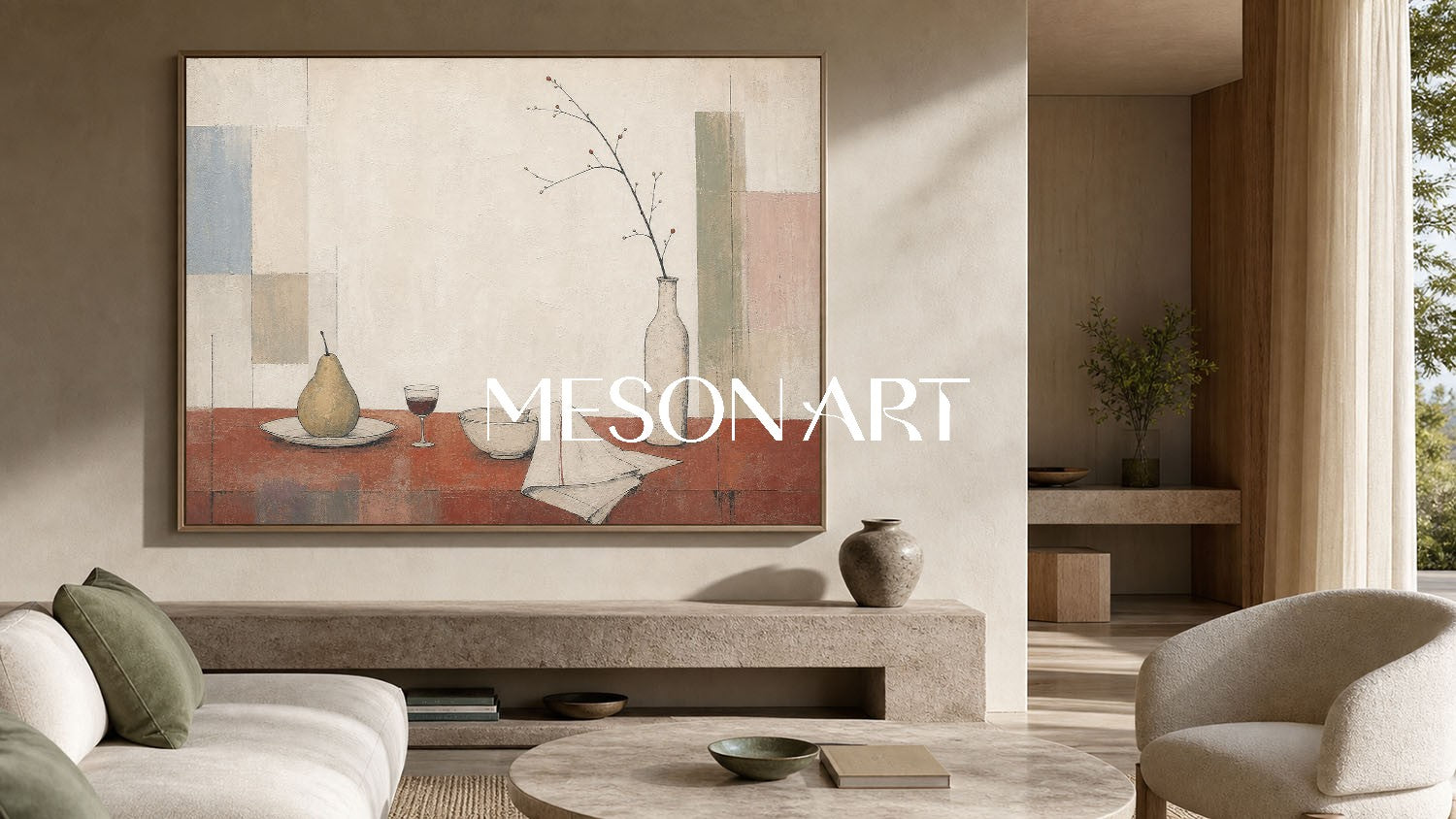 Art Deco Still Life Painting Beige And Brown Tones For Modern Dining Room Wall Decor