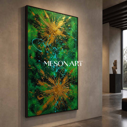 Emerald Green And Gold Abstract Art With Textured Relief For Modern Living Room Decor