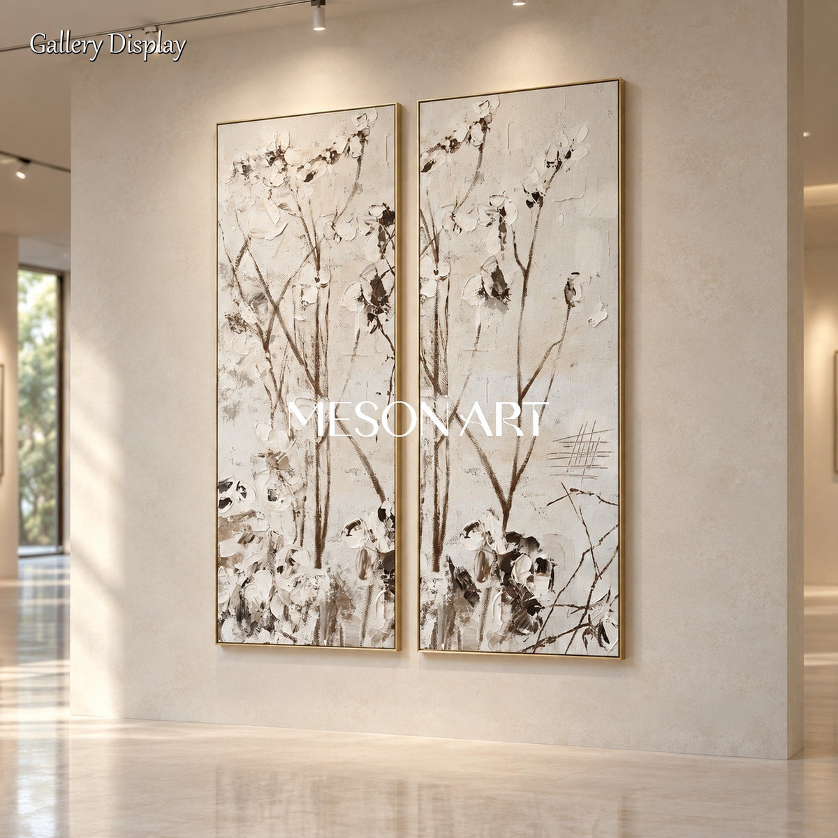 Beige And Black Abstract Floral Art Rectangular Original Artist Hand Painted Textured Wall Decor For Living Room By Mesonart