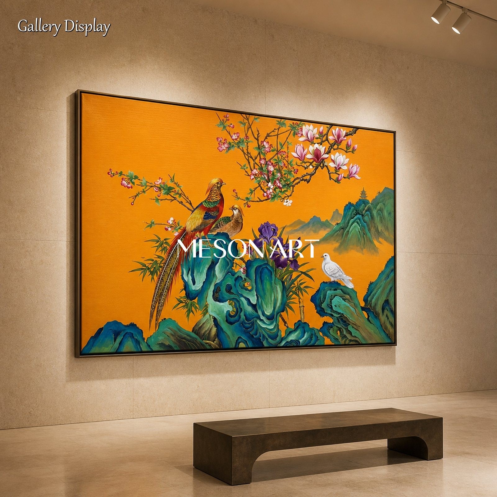 Orange And Blue Gongbi Bird And Blossom Painting Rectangular Wall Art For Living Room By Mesonart