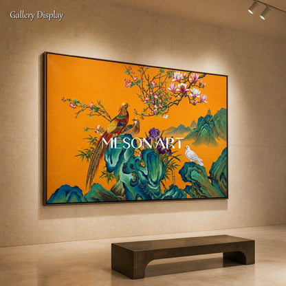 Orange And Blue Gongbi Bird And Blossom Painting Rectangular Wall Art For Living Room By Mesonart