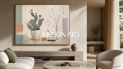 Art Deco Cactus Painting For Modern Living Room Decor With Geometric Shapes