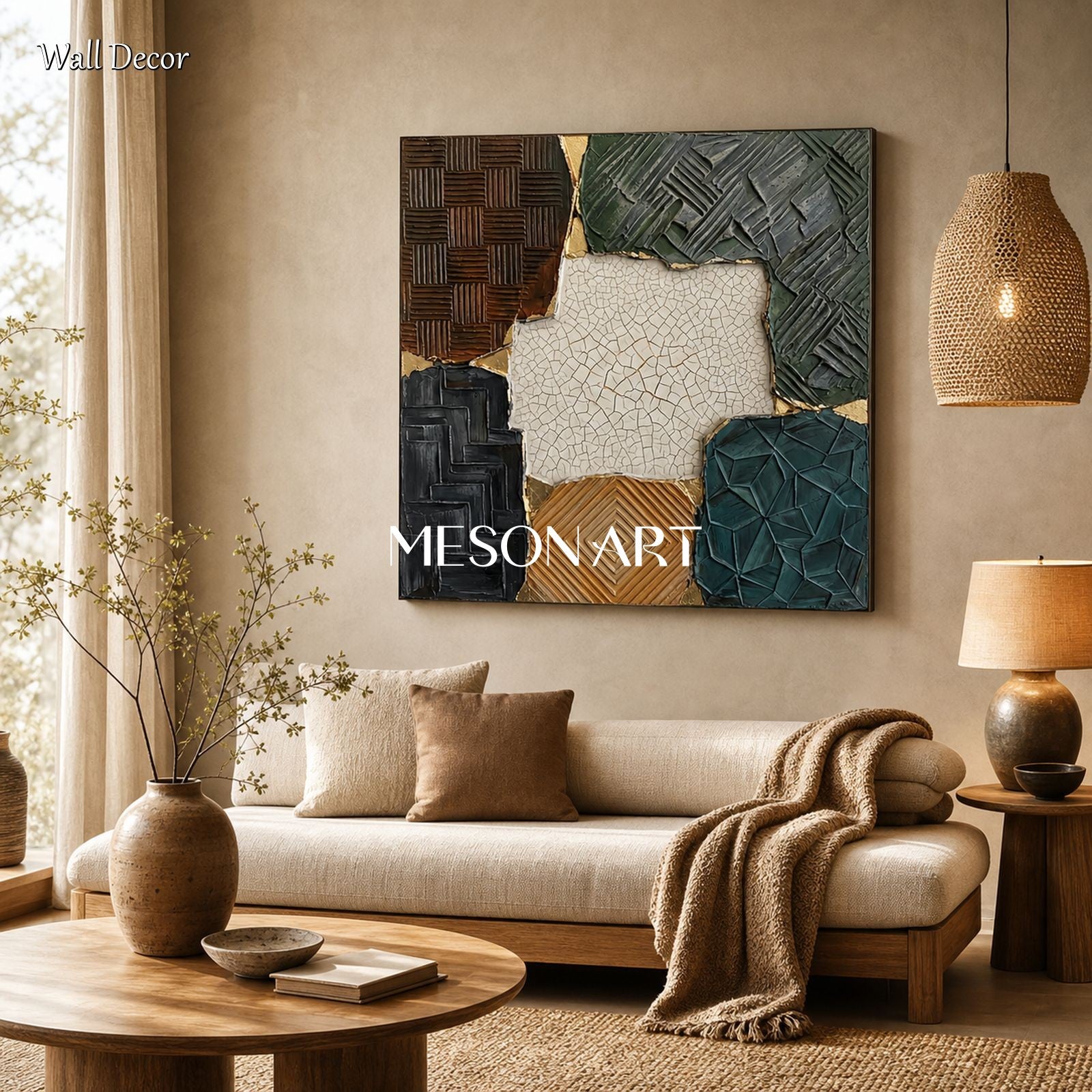 Textured Plaster Art With Gold Accents For Modern Living Room Decor