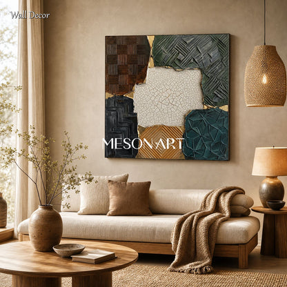 Textured Plaster Art With Gold Accents For Modern Living Room Decor