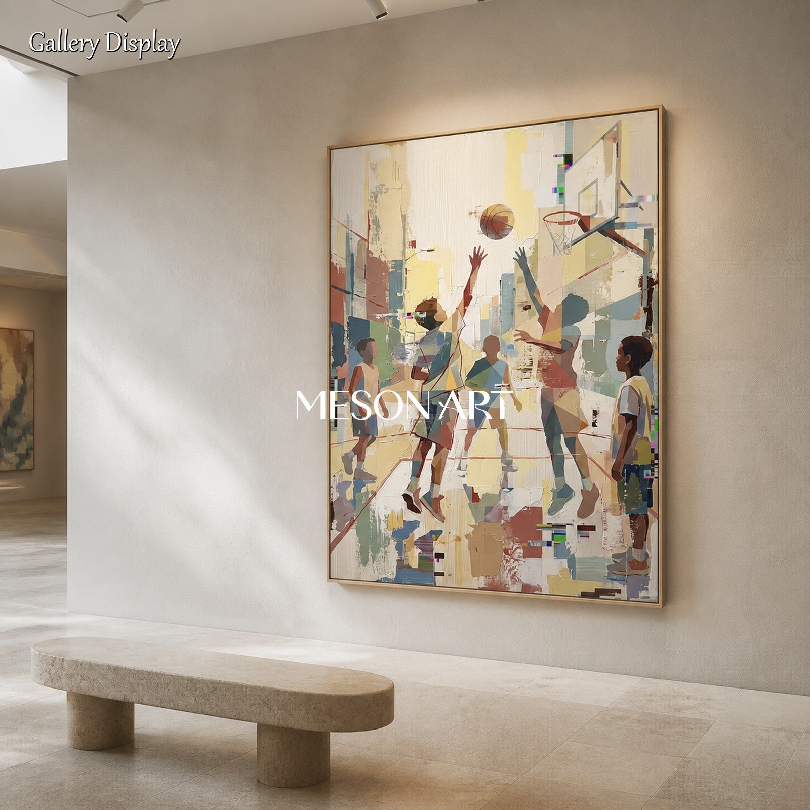 Beige Abstract Figurative Painting Contemporary Sports Art For Living Room Rectangular Wall Decor By Mesonart