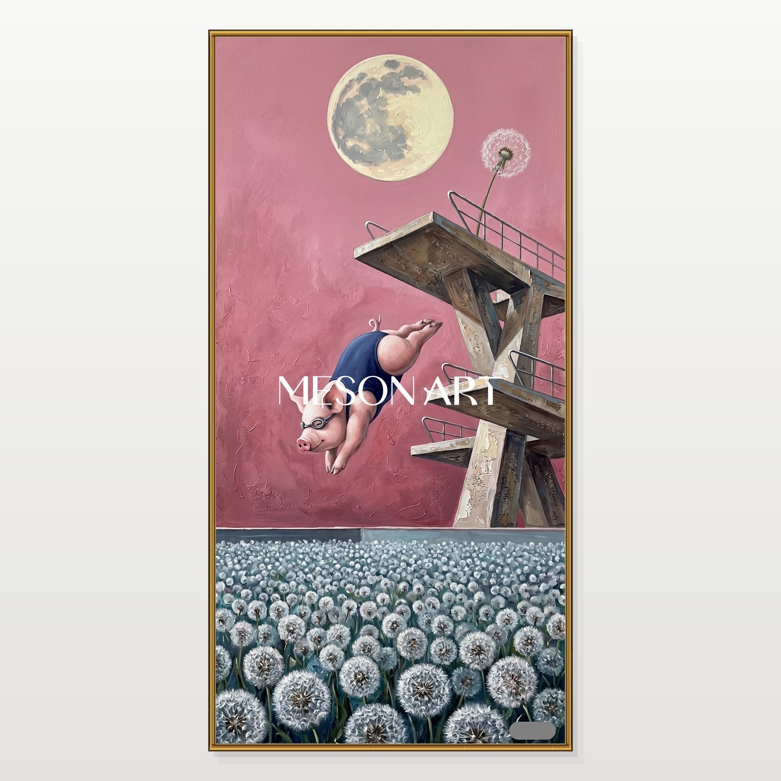 Pink And White Surrealist Painting Of Diver Panoramic Wall Art Original Artist By Mesonart