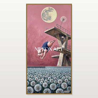 Pink And White Surrealist Painting Of Diver Panoramic Wall Art Original Artist By Mesonart