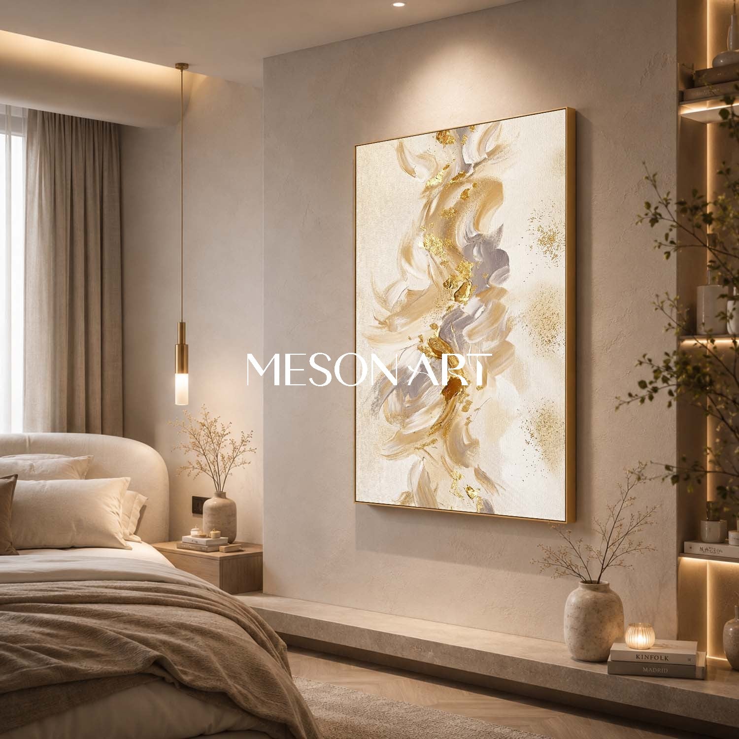 Gilded Abstract Painting With Textured Beige And Gold For Modern Luxury Home Decor
