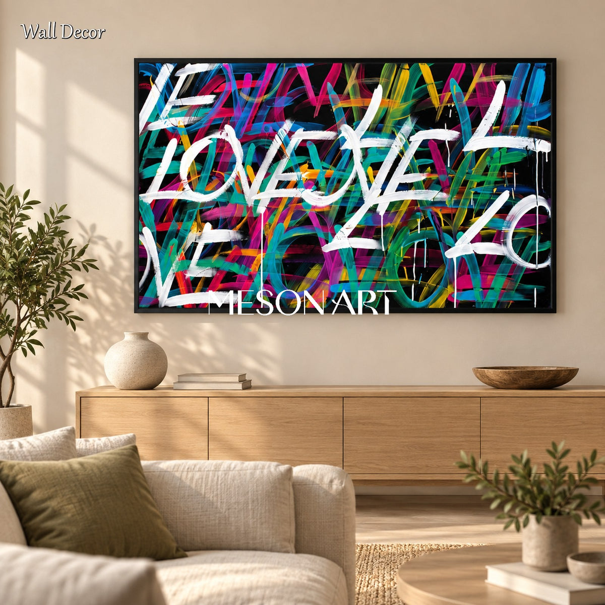 Black And Pink Graffiti Love Wall Art Rectangular Original Artist Hand Painted By Mesonart
