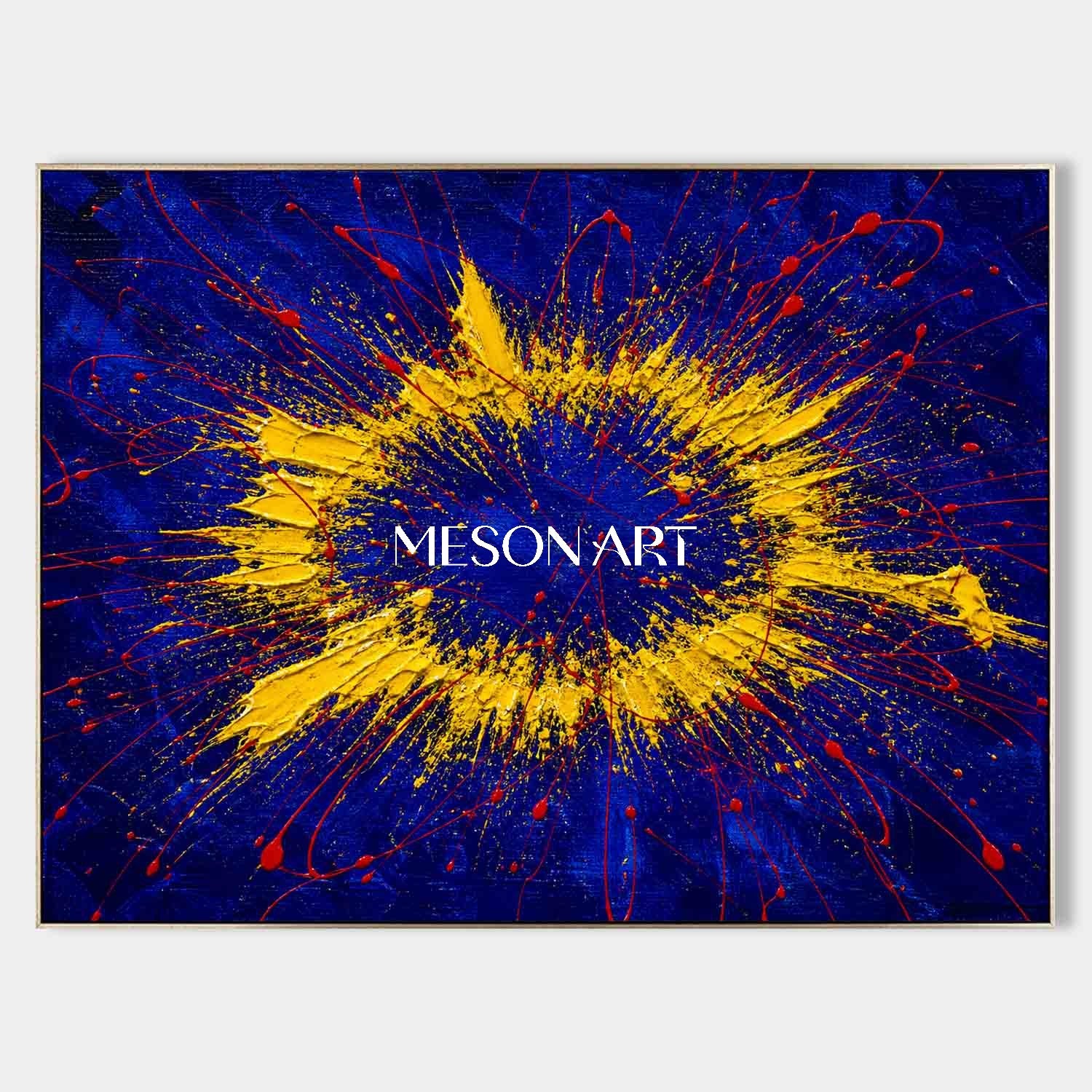 Blue Yellow Abstract Explosion Painting Original Art For Modern Living Room Entryway Decor
