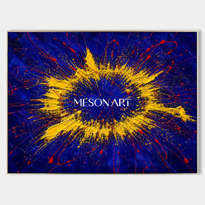 Blue Yellow Abstract Explosion Painting Original Art For Modern Living Room Entryway Decor