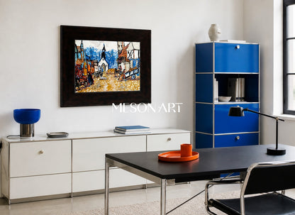 Pittura paesaggistica moderna astratta con tonalità di blu e ocra per l'arredamento del soggiorno