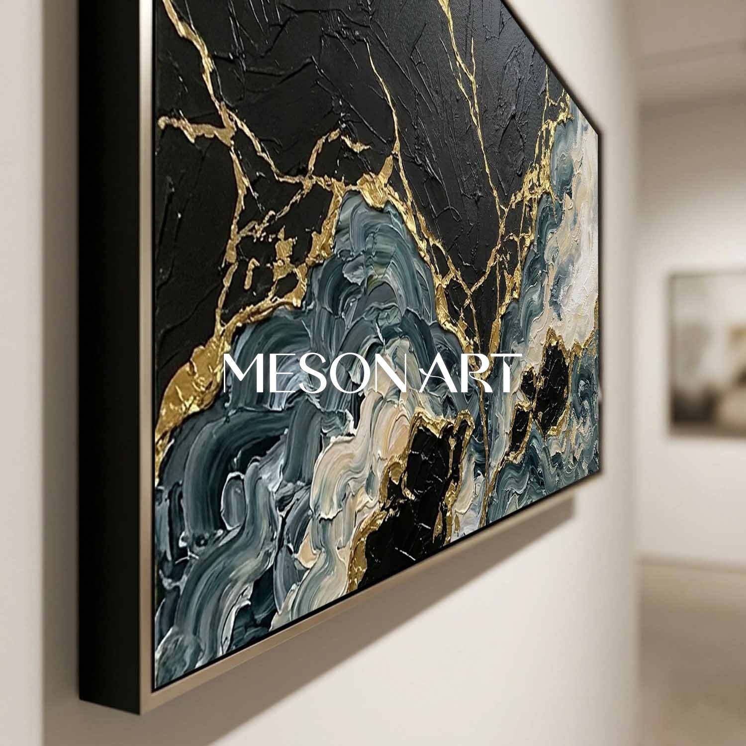 Large Black And Gold Abstract Painting With Plaster Texture For Modern Living Room Decor