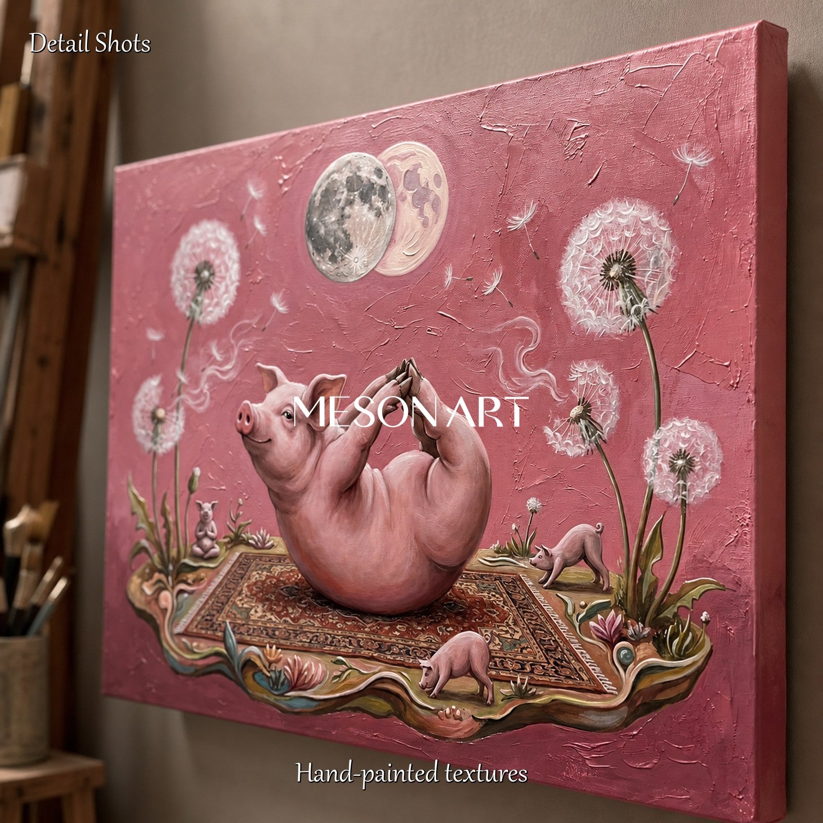 Pink And White Yoga Pig Surrealist Art Rectangular Wall Decor For Living Room By Mesonart