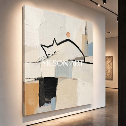 Minimalist Cat Abstract Painting On Linen Canvas With Soft Brushwork For Living Room
