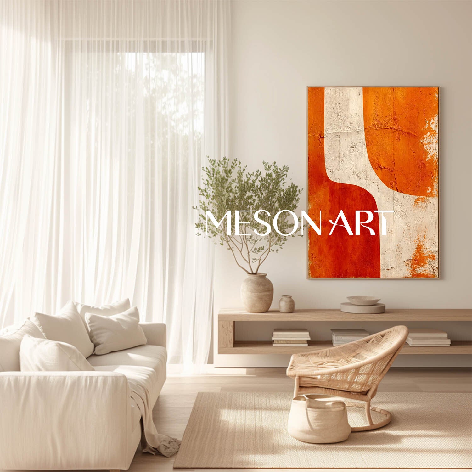 Large Abstract Canvas Wall Art Modern Minimalist Geometric Orange and Beige