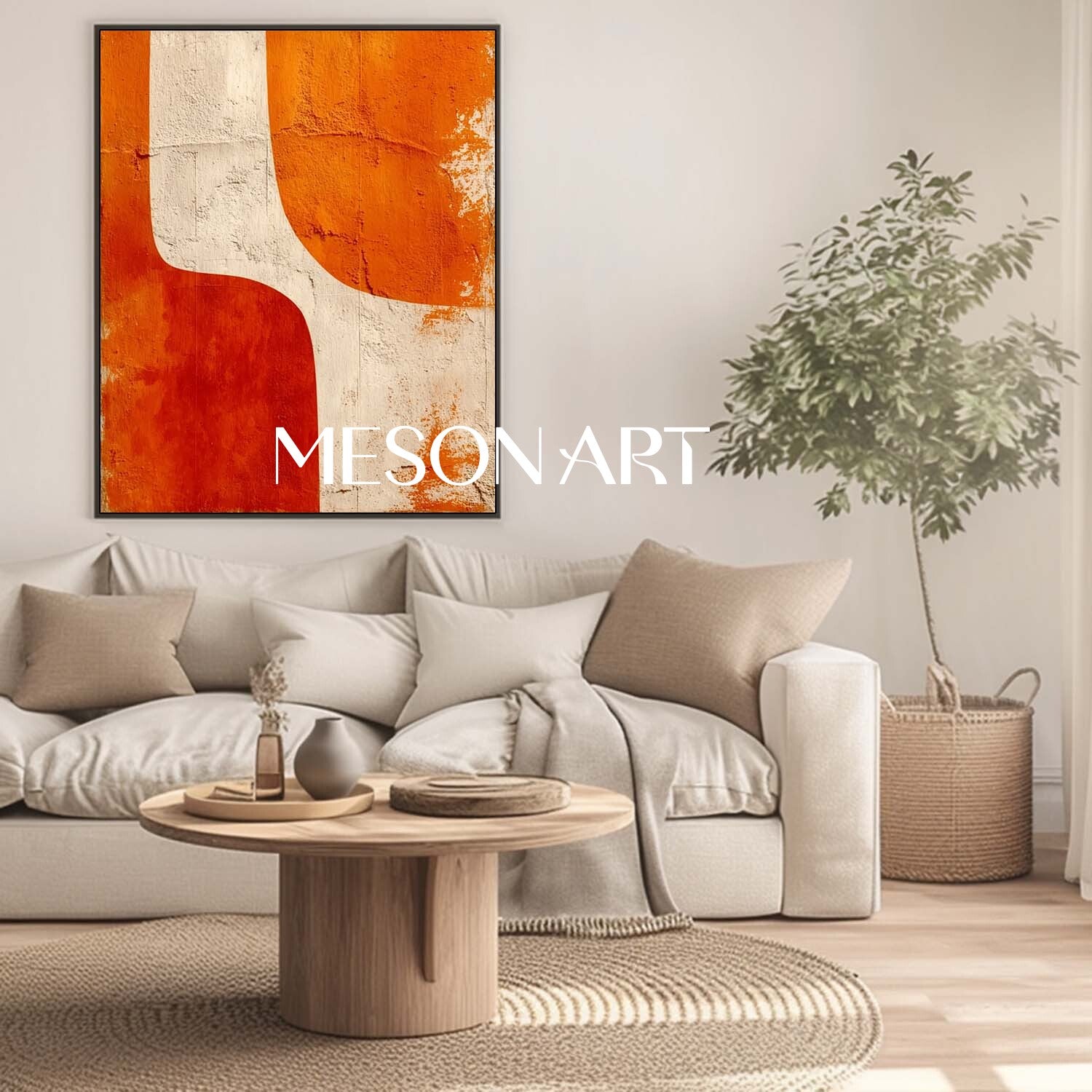 Large Abstract Canvas Wall Art Modern Minimalist Geometric Orange and Beige