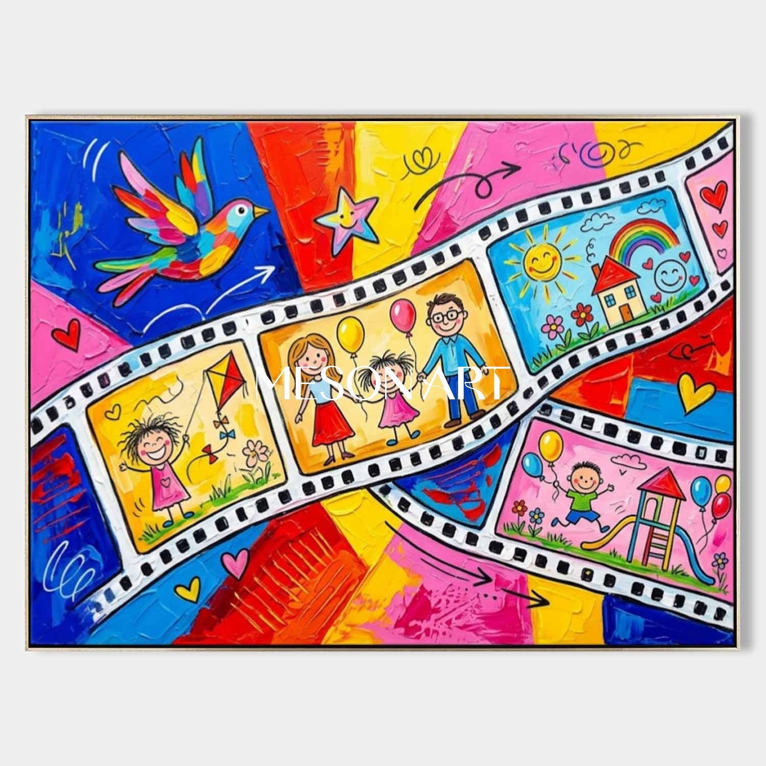 Vibrant Pop Art Painting For Kids Room With Happy Family Cartoon Characters And Colorful Film Strip Design