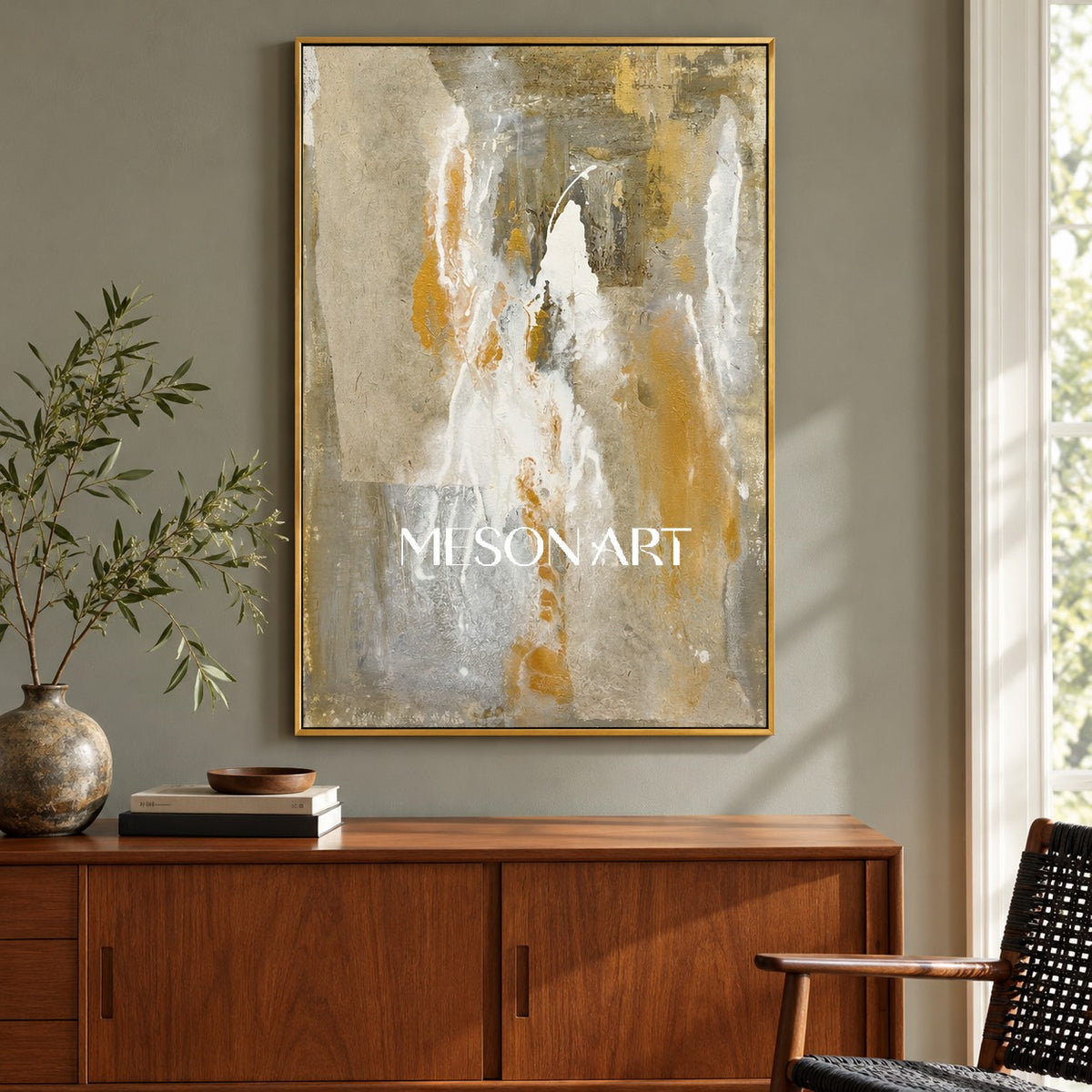 Beige And Gold Abstract Art Original Artist Hand Painted Mixed Media Textured Painting Rectangular Wall Art For Living Room By Mesonart