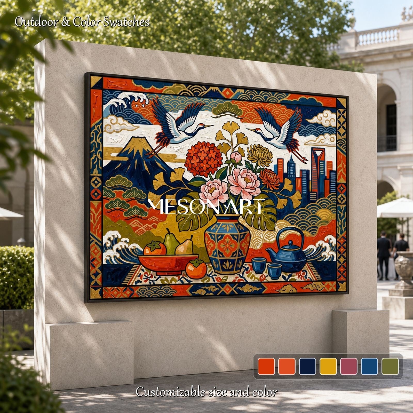 Modern Ukiyo-e Wall Art With Cranes And Flowers For Living Room