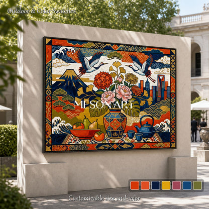 Modern Ukiyo-e Wall Art With Cranes And Flowers For Living Room Decor