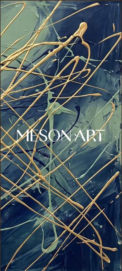 Blue And Gold Abstract Expressionism Painting Rectangular Wall Art For Living Room By Mesonart