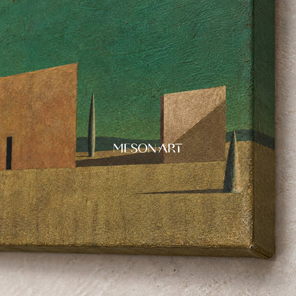 Green And Brown Surrealist Metaphysical Art Rectangular Architectural Painting For Living Room By Mesonart