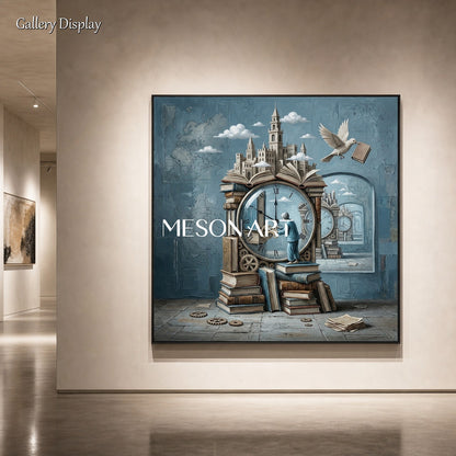 Surrealist Clock Painting With Books For Home Office And Study