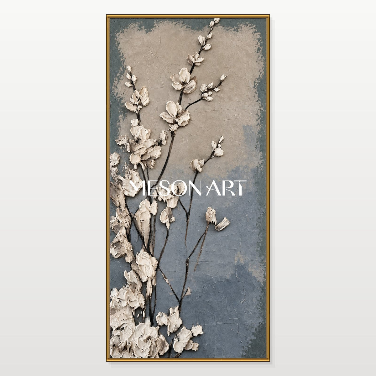 Blue And Cream Floral Impasto Art Panoramic Canvas Original Artist Living Room Wall Decor By Mesonart