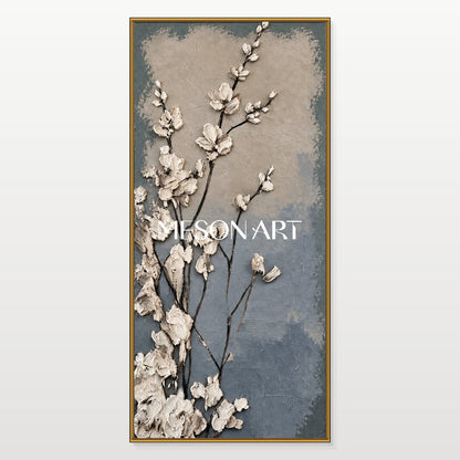 Blue And Cream Floral Impasto Art Panoramic Canvas Original Artist Living Room Wall Decor By Mesonart