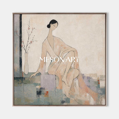Minimalist Female Portrait Painting In Beige And Gray For Modern Bedroom Decor