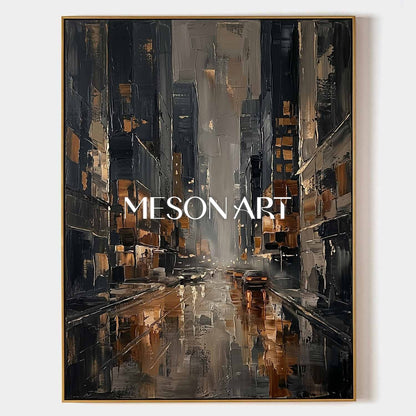 Abstract Cityscape Painting With Gold Accents For Modern Living Room And Office Decor