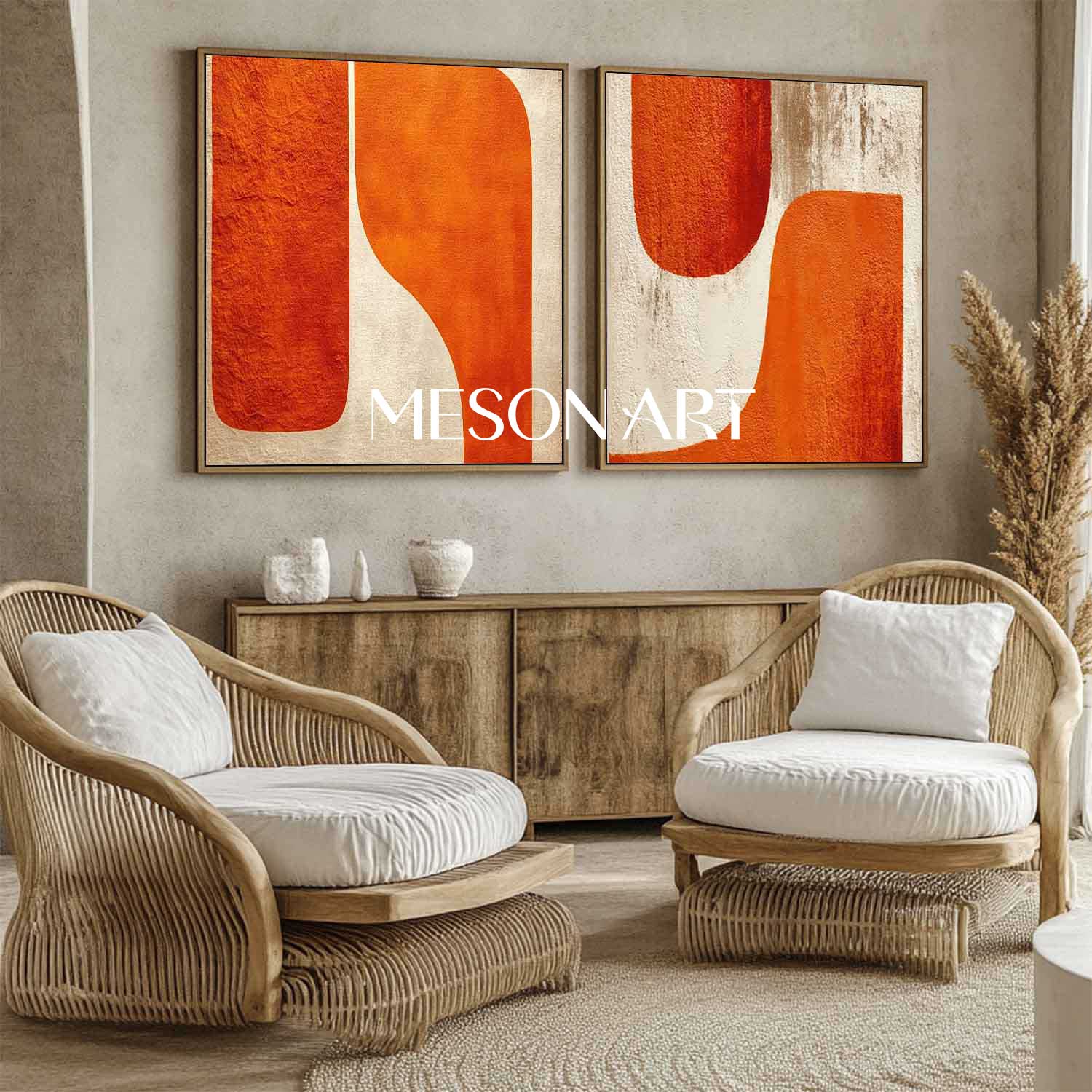 Minimalist Modern Wall Art Orange Abstract Geometric Canvas Set