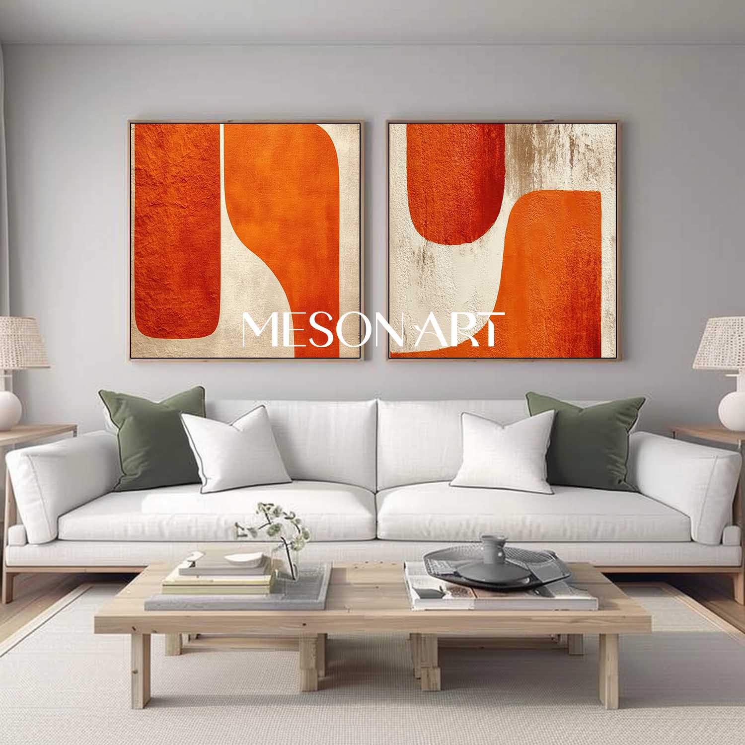 Minimalist Modern Wall Art Orange Abstract Geometric Canvas Set