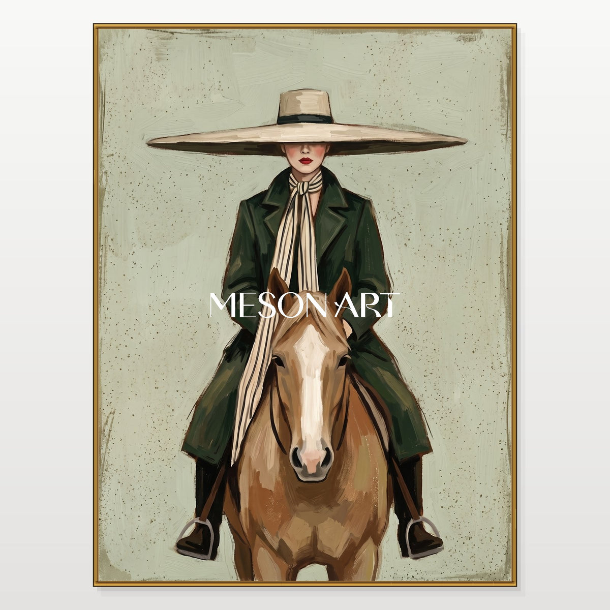 Green And Brown Vintage Cowboy Painting Rectangular Wall Art Original Artist Hand Painted For Living Room By Mesonart