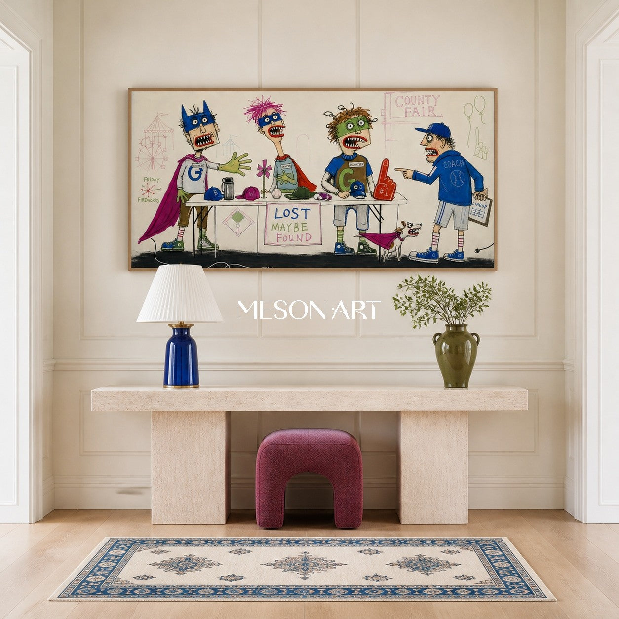 Blue And Green Graffiti Cartoon Art Narrative Sports Lost And Found Dog Textured Panoramic Wall Decor By Mesonart