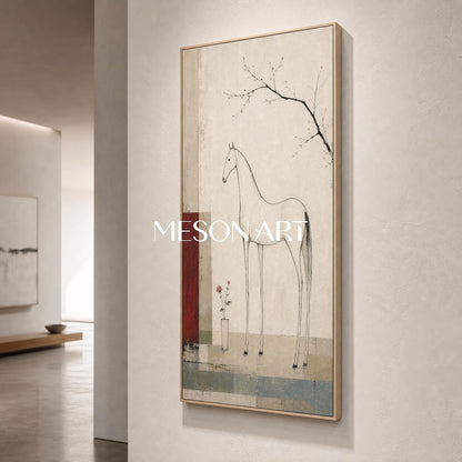 Minimalist Horse Painting In Beige And Red For Modern Living Room Entryway Decor