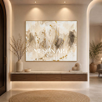 Gilded Abstract Painting With Gold Leaf And Fluid Drips For Luxury Home Decor